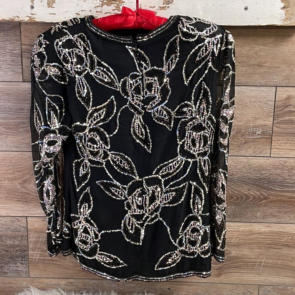 Oleg Cassini Beaded Black Silk Floral Top Blouse, Size Medium, Silver Sequins